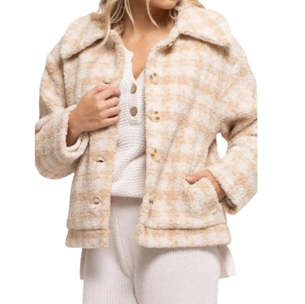 Blu Pepper Houndstooth Faux Shearling Jacket In Beige Size Large